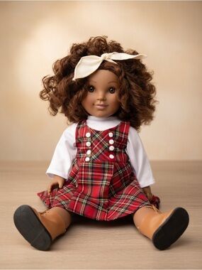 OOAK Custom made Curly Brown-Haired Doll in Red Plaid Dress and Brown Boots